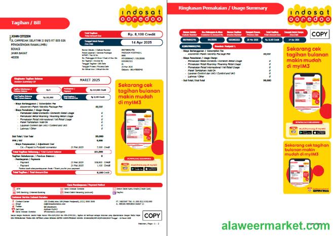 Indonesia Indosat Ooredoo utility bill template in Word and PDF formats, 2 pages